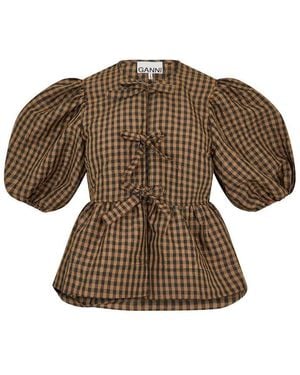 Ganni Crinkle Peplum Blouse - Brown