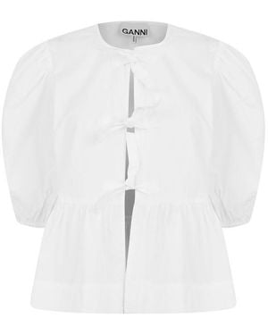 Ganni Cotton Poplin Peplum Tie Blouse - White