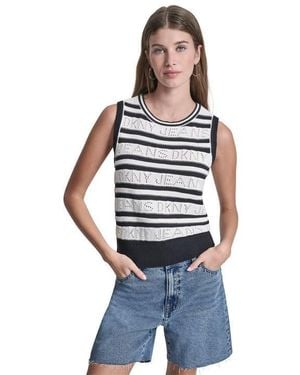 DKNY Jeans Logo Pointelle Striped Sleeveless Jumper - Blue