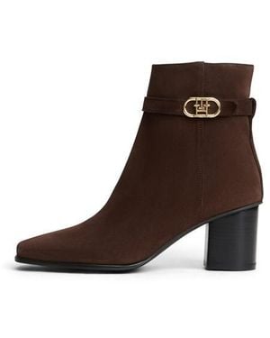 Tommy Hilfiger Strap Block Suede Square-Toe Heeled Ankle Boots - Brown