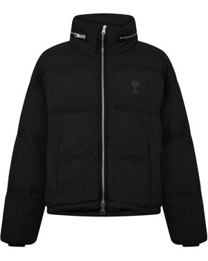 Ami Paris Ami De Coeur Water Resistant Concealed Hood Short Puffer Jacket - Black