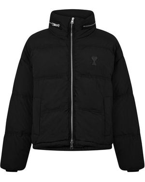 Ami Paris Ami De Coeur Water Resistant Concealed Hood Short Puffer Jacket - Black