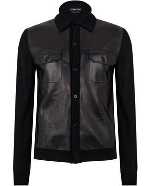 Tom Ford Leather Panel Long Sleeve Button-Up Overshirt - Black