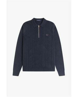 Fred Perry Lsknit Zipped Crew Neck Jumper - Blue
