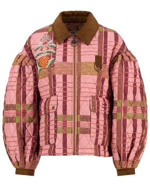 BARBOUR X FARM RIO Ana Clara Tartan Pineapple Embroidery Long Sleeve Oversized Fit Quilted Jacket - Red