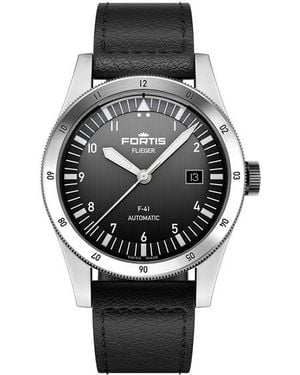 Fortis Flieger Stainless Steel Leather Strap Auto Analogue Watch - Black