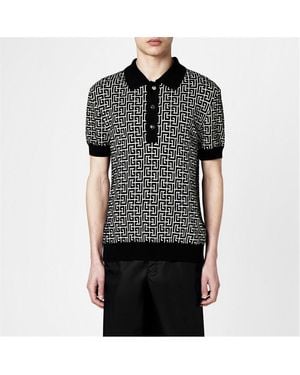 Balmain Wool-Blend Monogram Polo Shirt - Black