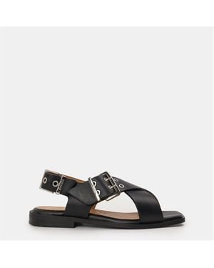 Ganni Cross Strap Flat Sandals - Black