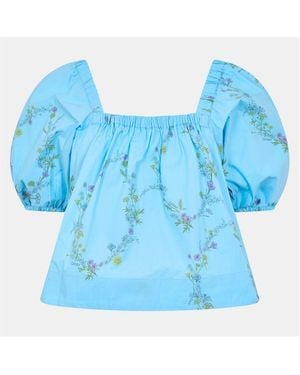 Ganni Printed Short Sleeve Blouse - Blue