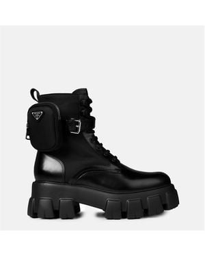 Prada Mono Leather Combat Boots - Black