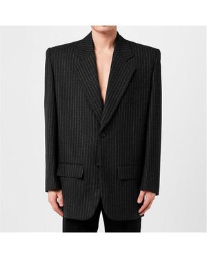 Saint Laurent Over-Sized Wool Pinstripe Double-Breasted Long Sleeve Blazer - Black