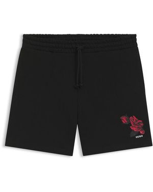 HUGO Soft Fleece Jogger Shorts With Graphic Detail - Black