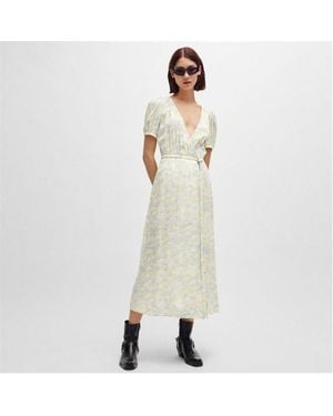 HUGO Kikoni-1 Wrap Front V-Neck Viscose Midi Dress - Natural