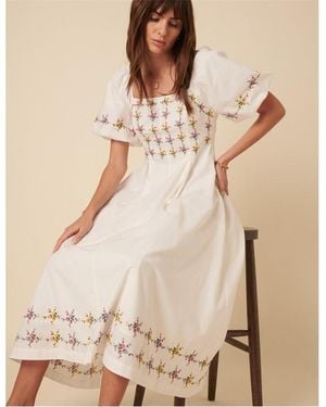 Nobody's Child Linen Blend Floral Puff Sleeve Midi Corset Dress - Natural