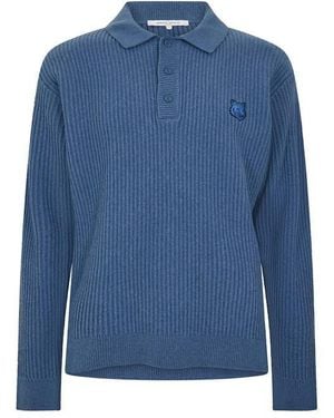 Maison Kitsuné Fox Hooded Wool Jumper Knitted Long Sleeve Polo Shirt - Blue