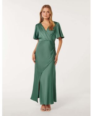 Forever New Chelsea Flutter-Sleeve Satin Maxi Dress - Green