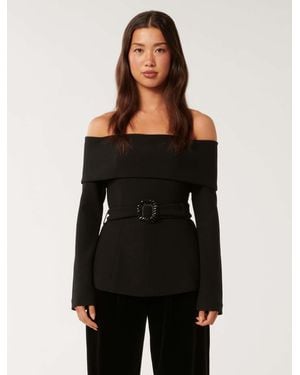 Forever New Courtney Belted Bardot Top - Black