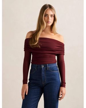 Forever New Kaia Ruched Mesh Bardot Top - Blue