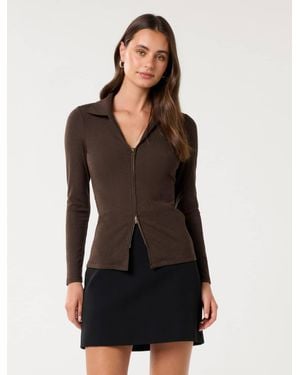 Forever New Tessa Zip Front Polo Top - Black