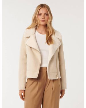 Forever New Faux Fur-Lined Aviator Jacket - Natural