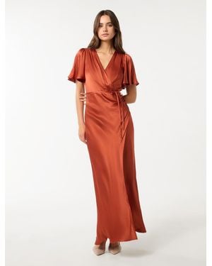 Forever New Satin Flutter-Sleeve Wrap Dress - Red