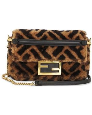 Fendi Shearling Vitello Dolce Macro Ff 1974 Mini Baguette Shoulder Bag - Brown