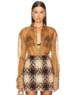 Mugler Plaid Silk Button Down Shirt - Brown