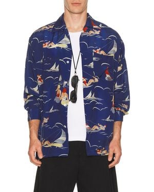 Beams Plus Open Collar Cupro Print - Blue