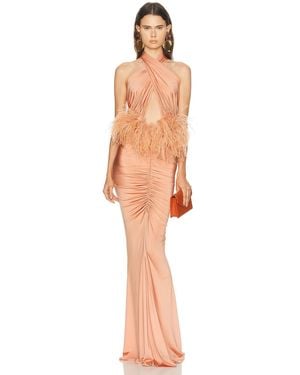 LAPOINTE Jersey Sleeveless Halter Ruched Gown With Feathers - Multicolor