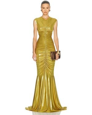 Norma Kamali Sleeveless V Neck Shirred Front Fishtail Gown - Yellow