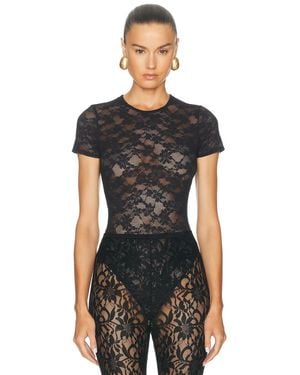 Fleur du Mal Le Stretch Lace Short Sleeve Bodysuit - Black