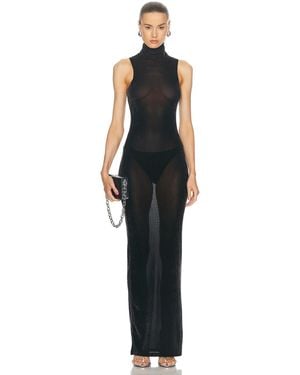 Priscavera Velvet Mesh Turtleneck Maxi Dress - Black