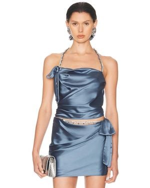 Area Crystal Embellished Satin Halter Top - Blue