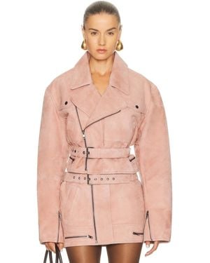 Alex Perry Cropped Suede Biker Jacket - Pink