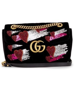 Gucci Embellished Velvet Gg Marmont Shoulder Bag - Black