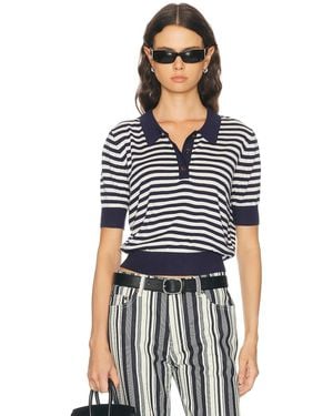 RENGGLI Silk Cashmere Stripe Knit Polo Top - Blue