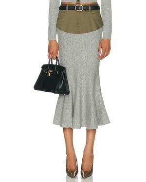 Self-Portrait Knit Khaki Denim Insert Midi Skirt - Gray