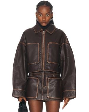 GRLFRND Cropped Leather Patch Pocket Jacket - Brown
