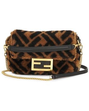 Fendi Shearling Vitello Dolce Macro Ff 1974 Mini Baguette Shoulder Bag - Black