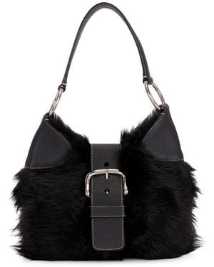 Prada Eco Lapin Faux Fur Buckle Hobo Bag - Black