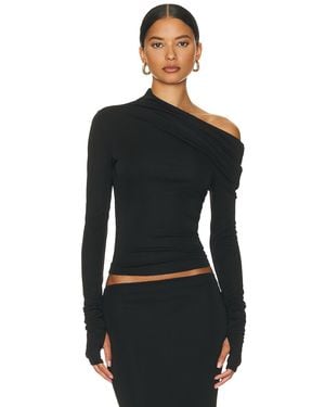 Helsa Matte Jersey Drape Shoulder Top - Black