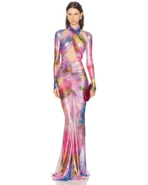 LAPOINTE Printed Metallic Mesh Halter Ruched Gown - Red