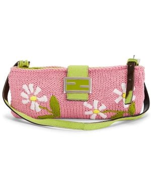 Fendi Floral Knit Baguette Pochette Shoulder Bag - Pink