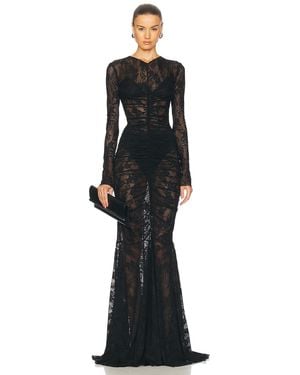 Norma Kamali Long Sleeve V Neck Shirred Front Fishtail Gown - Black