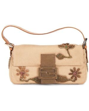 Fendi Flower Embroidered Baguette Shoulder Bag - Natural