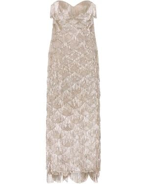 Oscar de la Renta Chain Fringe Embroidered Gown - Natural
