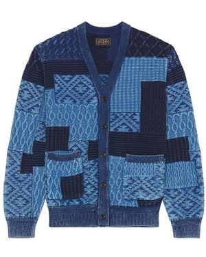 Beams Plus Cardigan Patchwork Like Jacquard - Blue