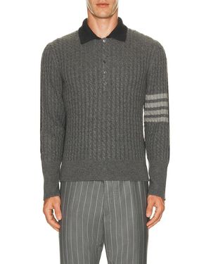 Thom Browne Merino Wool Baby Cable Long Sleeve Polo - Gray