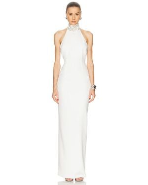 Monot Rectangle Stone Embroidery Collar Slit Dress - White