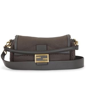 Fendi Shearling Baguette Shoulder Bag - Gray